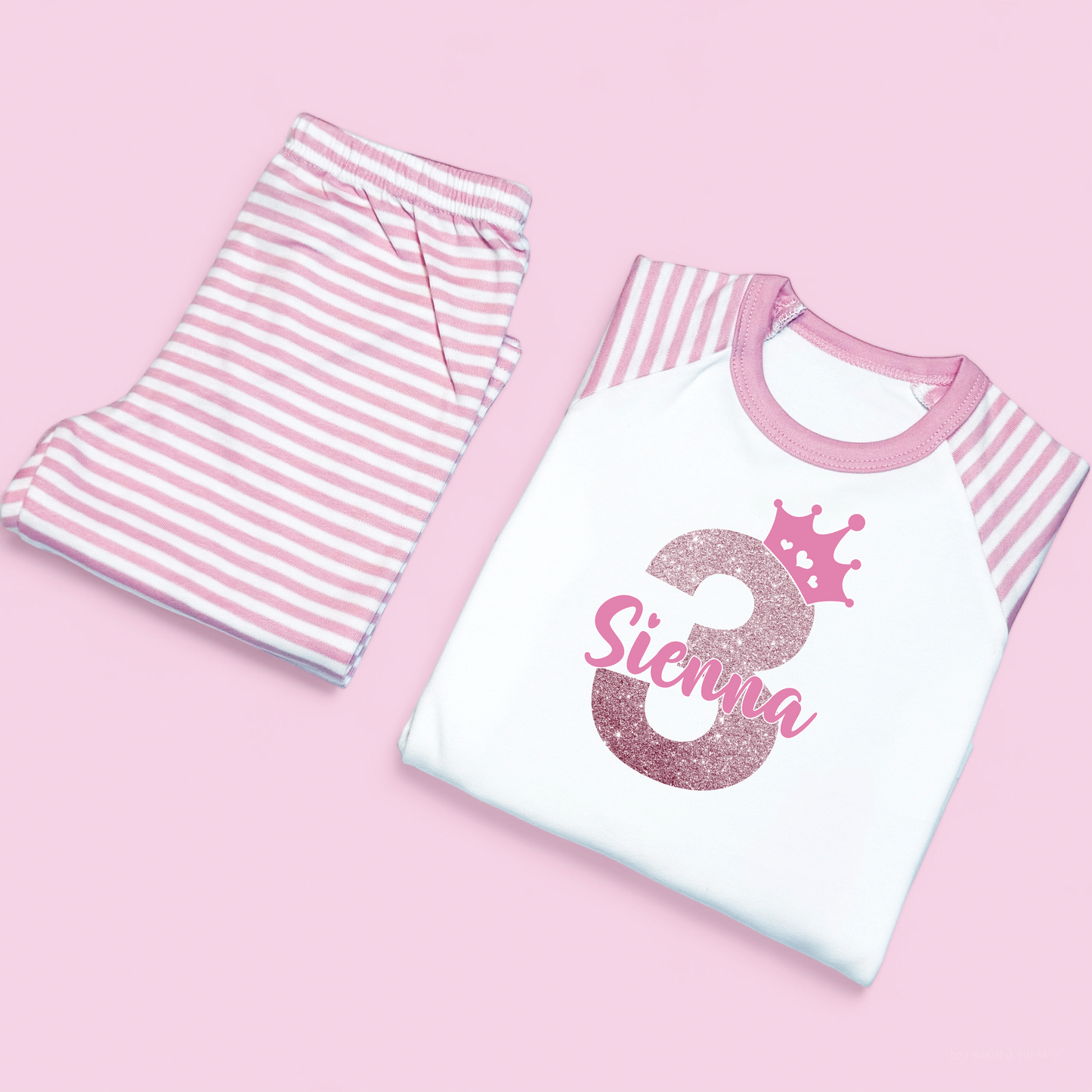 Glitter Princess Number Name Crown Birthday Stipe Raglan Pj's