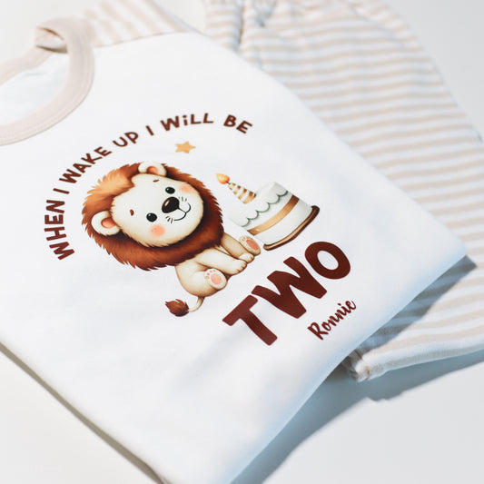 When I wake Up Lion Age Birthday Personalised Natural Stripe Pj's