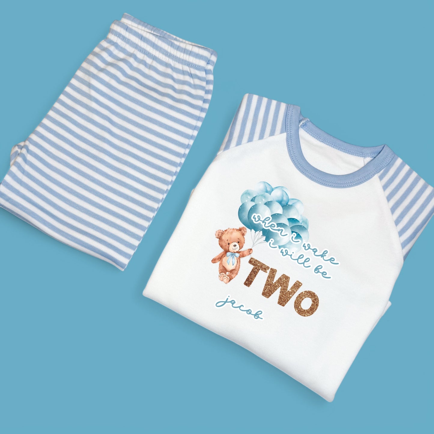 When I Wake Teddy Blue Glitter Balloon Birthday Personalised Stripe Raglan Pj's