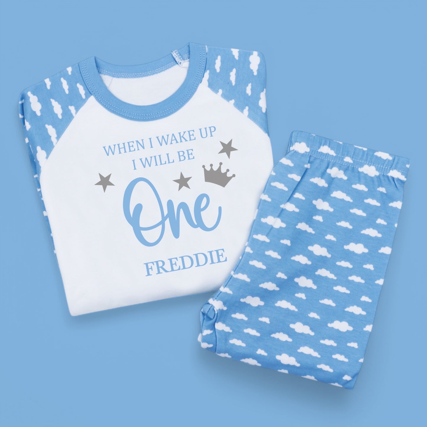 When I Wake Blue Stars & Crown Birthday Personalised Cloud Pj's