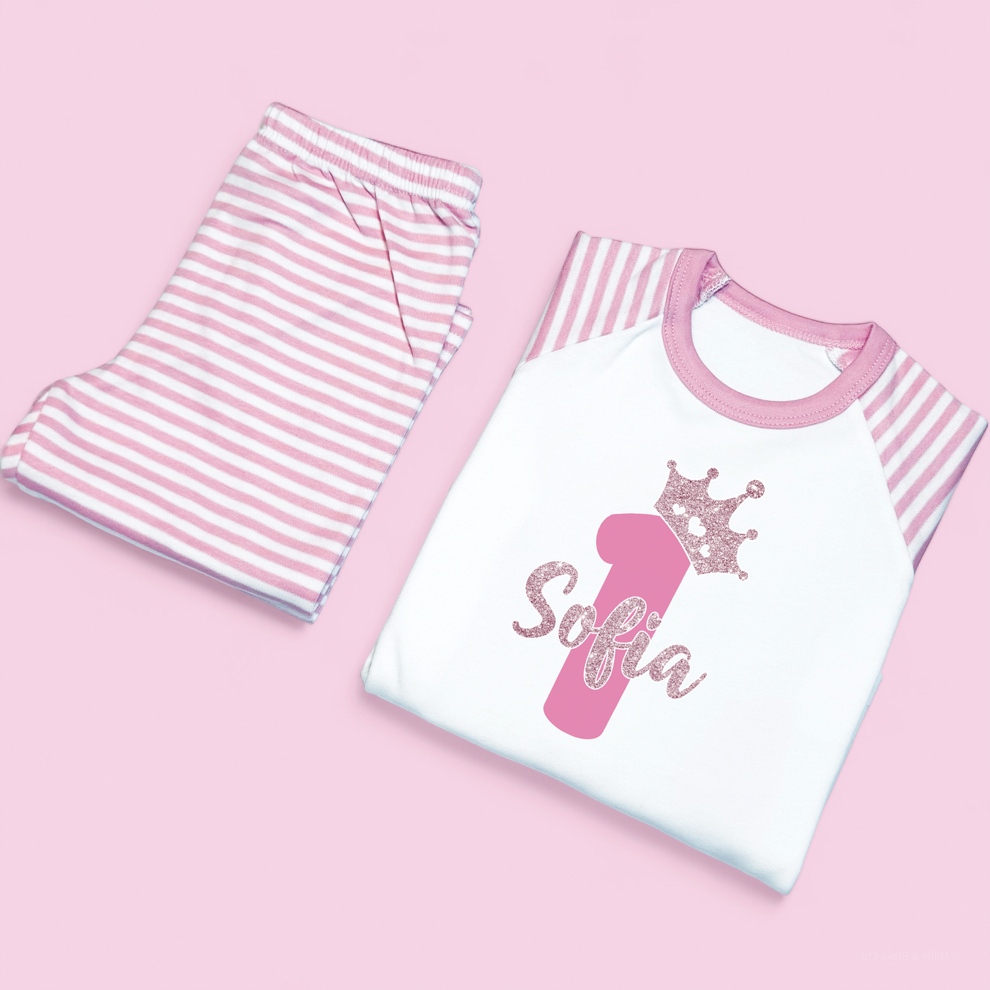 Glitter Name Princess Crown Birthday Stripe Raglan Pj's